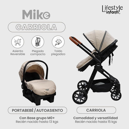 INFANTI | Carriola para Bebe MIKE | Carreola con Portabebé -Travel System con Asiento Reversible | Hasta 15 kg | Color Beige