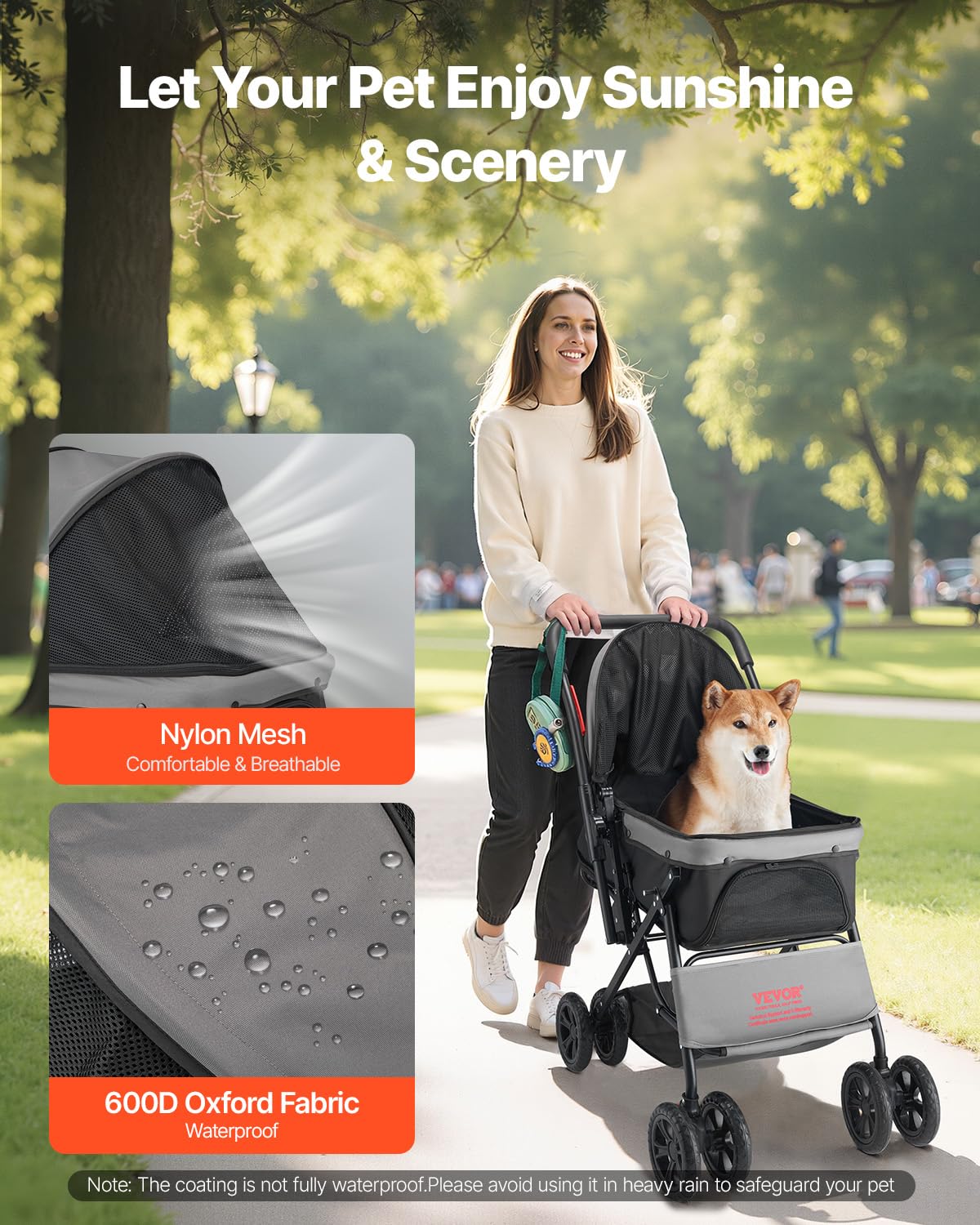 VEVOR Cochecito para Mascotas Capacidad 20kg Carrito Plegable para Perros de 4 Ruedas con Ventana de Malla Asa Reversible Cochecito Portátil Tela Oxford 600D con Freno para Mascotas Pequeñas Medianas