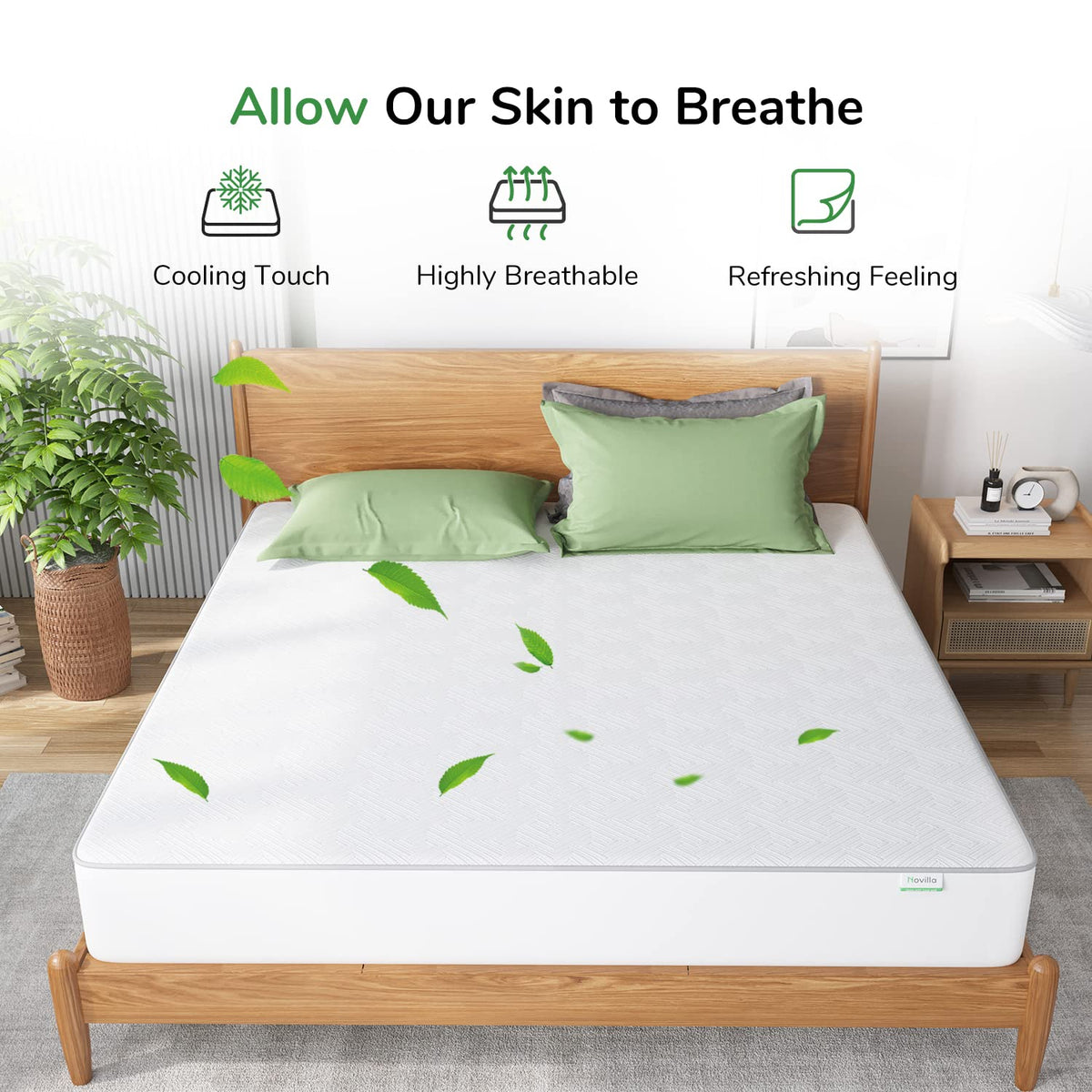 Novilla - Protector de colchón Impermeable, Protector de colchón de bambú tamaño Queen, Funda de colchón de enfriamiento Ajustable, Antideslizante, Ajuste de colchón de 8 a 18 Pulgadas, Color Blanco