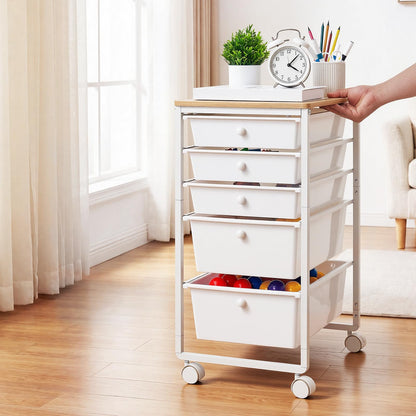 VEVOR Carrito Organizador de Metal con 5 Cajones, Carrito Almacenamiento | con Ruedas Giratorias de 360° y 2 Frenos, Tapa de Madera, Destornillador para Garaje Manualidades Baño Oficina Dormitorio