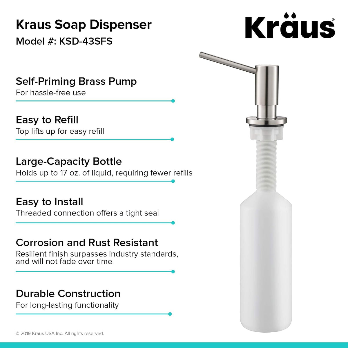 Kraus KSD-43SFS - Dispensador de jabón y loción de Cocina en Acero Inoxidable sin Puntos