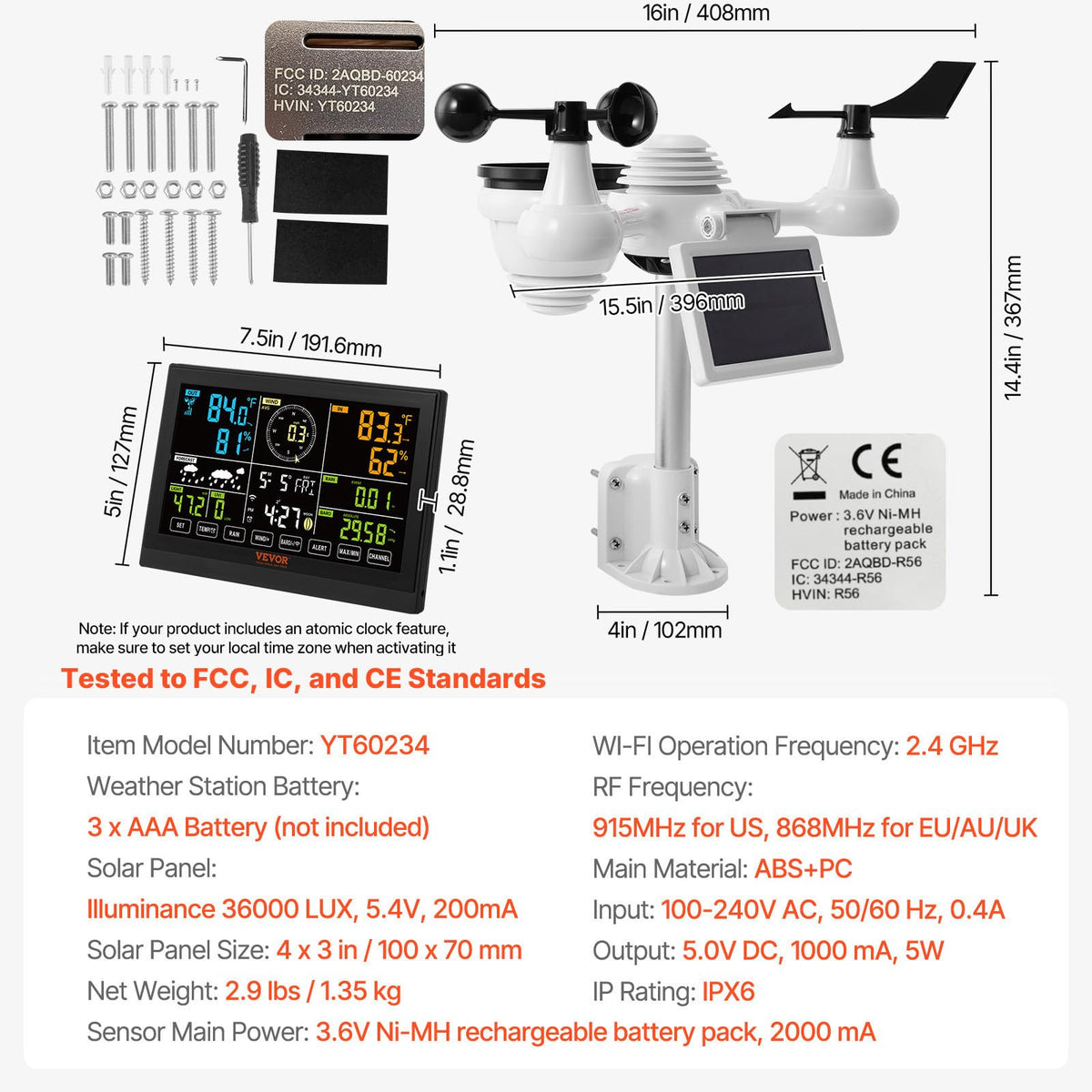 VEVOR YT60234 - Estación meteorológica WiFi 7 en 1, estaciones meteorológicas WiFi para interiores y exteriores, visualización a color de 7.5 pulgadas para pronósticos meteorológicos, temperatura,