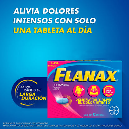 Flanax Naproxeno 550mg, Analgésico para Cólicos Menstruales, Desinflama y Alivia el Dolor Intenso, 12 Tabletas