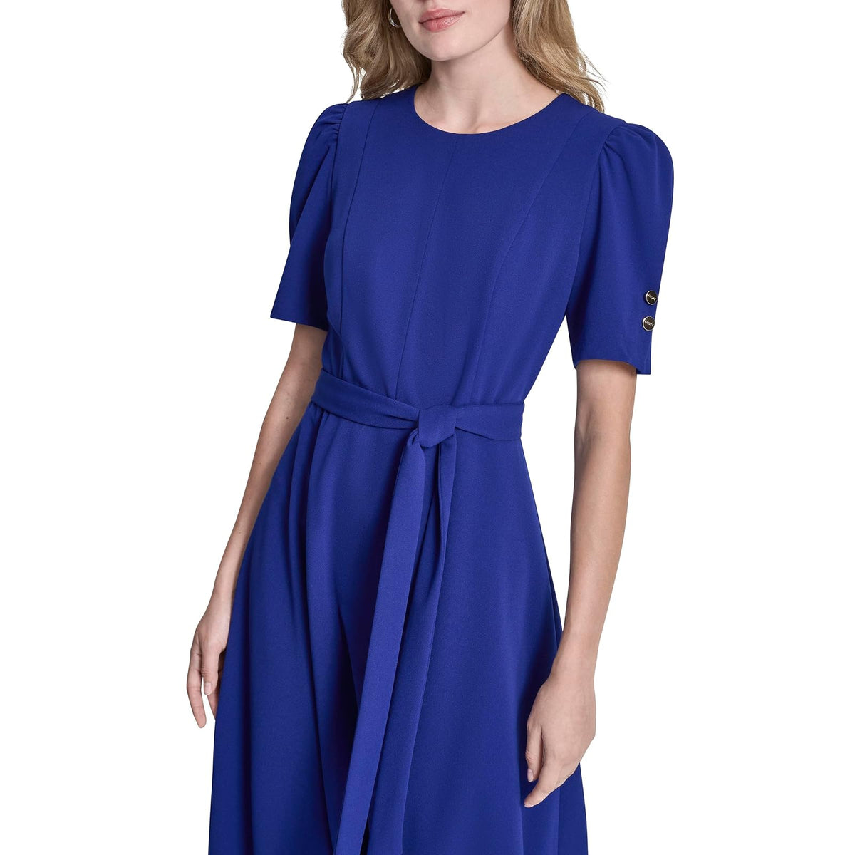 DKNY Short Puff Sleeve Jewel Neck Midi Dress Removable Belt Scuba Crepe Dress Vestido Mujer