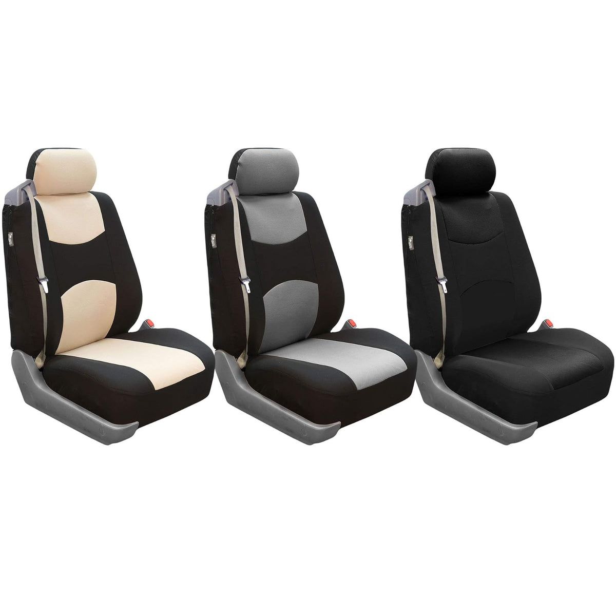 FH GROUP FH-FB351102 Pair Set All Purpose Flat Cloth Built-In Seat Belt Bucket Seat Covers Beige/Black- Fit Most Car, Truck, SUV, or Van