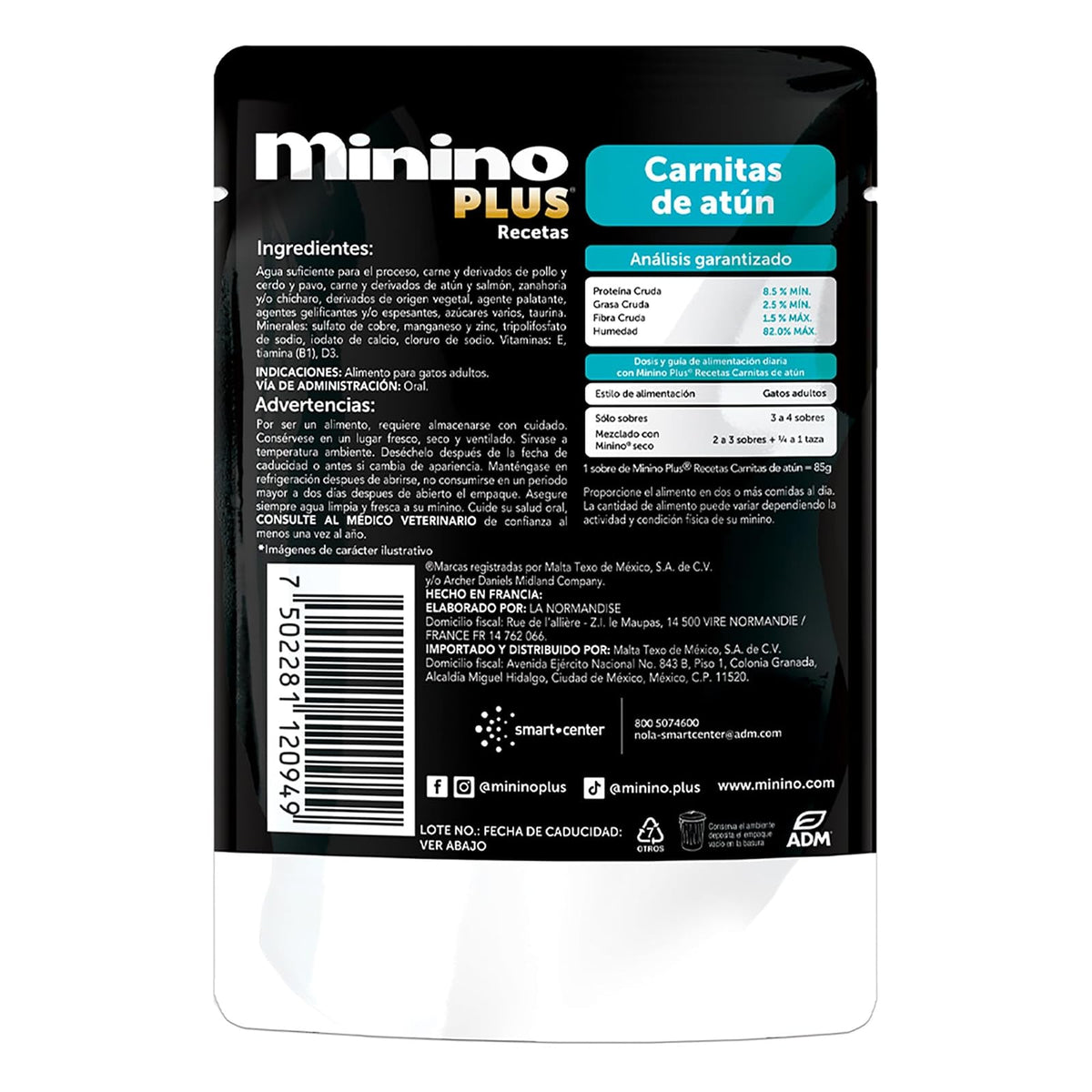 Minino Plus Recetas, alimento húmedo Sabor Carnitas de atún, 85 g, Gris, Paquete con 24 Piezas