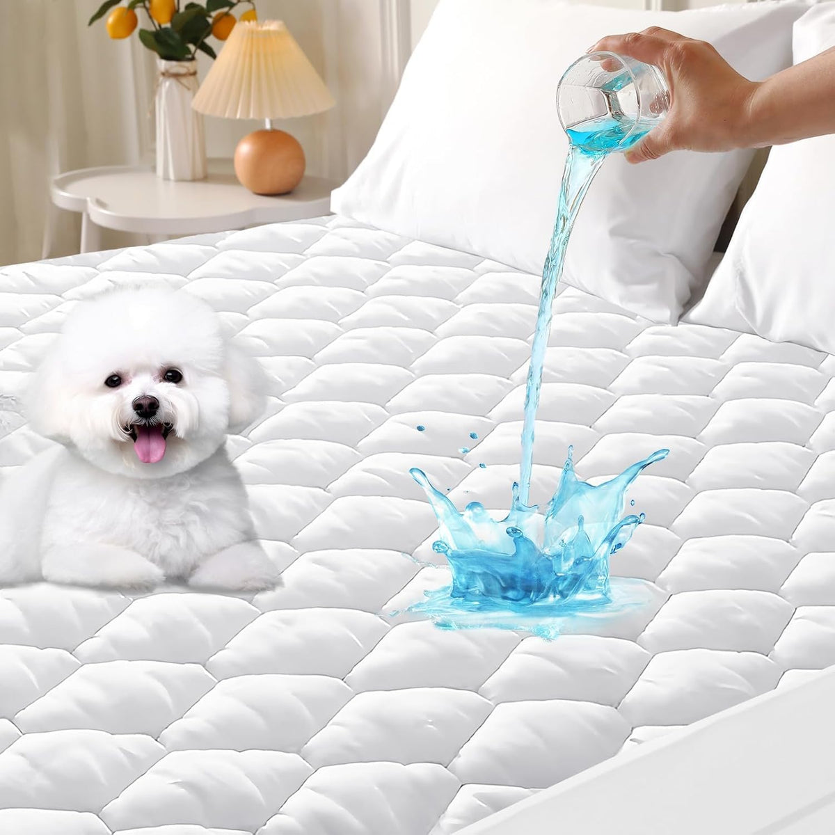 MUXHOMO - Protector de colchón tamaño King, 100% Impermeable, Acolchado tamaño King, Funda de colchón Suave y refrescante, Bolsillo Profundo de 6 a 21 Pulgadas, Color Blanco