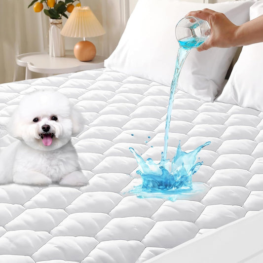 MUXHOMO - Protector de colchón tamaño King, 100% Impermeable, Acolchado tamaño King, Funda de colchón Suave y refrescante, Bolsillo Profundo de 6 a 21 Pulgadas, Color Blanco