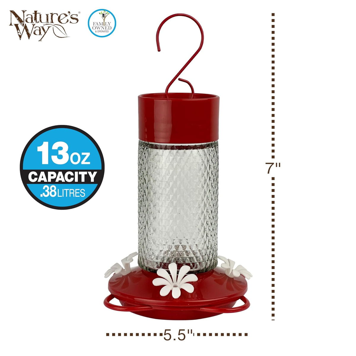 Nature's Way - Alimentador de colibrí de Vidrio Colgante para decoración al Aire última intervensión, alimentador de néctar de Capacidad de 13 onzas, Foso de Hormiga, 4 Puertos Flexibles fáciles de