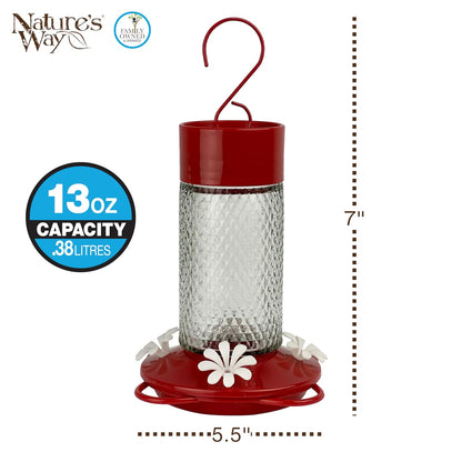 Nature's Way - Alimentador de colibrí de Vidrio Colgante para decoración al Aire última intervensión, alimentador de néctar de Capacidad de 13 onzas, Foso de Hormiga, 4 Puertos Flexibles fáciles de