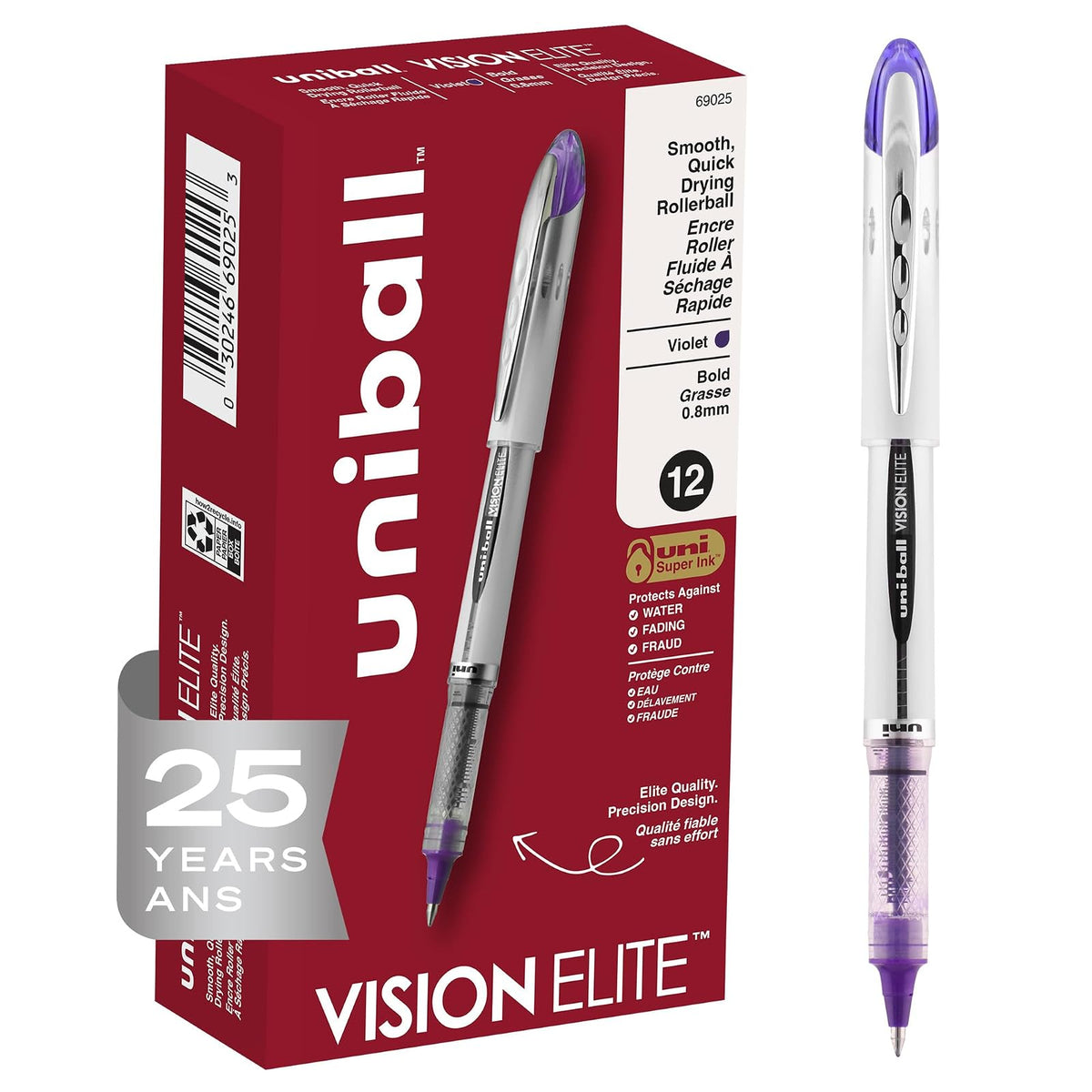 Uni-ball Vision Elite Bolígrafo Rollerball, Tinta Resistente al Agua - Púrpura - 12 Count (Pack of 1) - Elite Fine