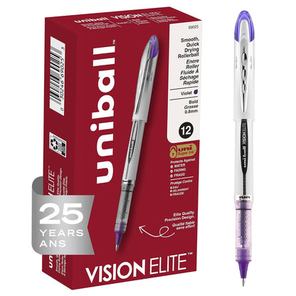 Uni-ball Vision Elite Bolígrafo Rollerball, Tinta Resistente al Agua - Púrpura - 12 Count (Pack of 1) - Elite Fine
