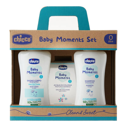 Chicco Set Baby Moments con jabón liquido para cuerpo 200 ml, Shampoo 200 ml, Colonia 100 ml, 0+ meses