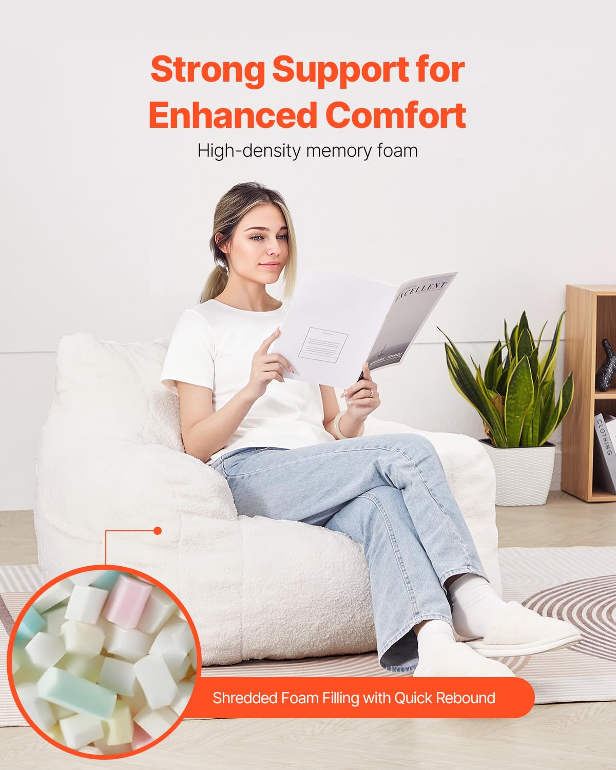VEVOR Sillón Puf de 920 x 900 x 685 mm con Reposabrazos y Bolsillo de Almacenamiento, Relleno de Espuma Viscoelástica 25D con Funda de Terciopelo Suave, Puf de Carga de 150 kg para Dormitorio, Blanco