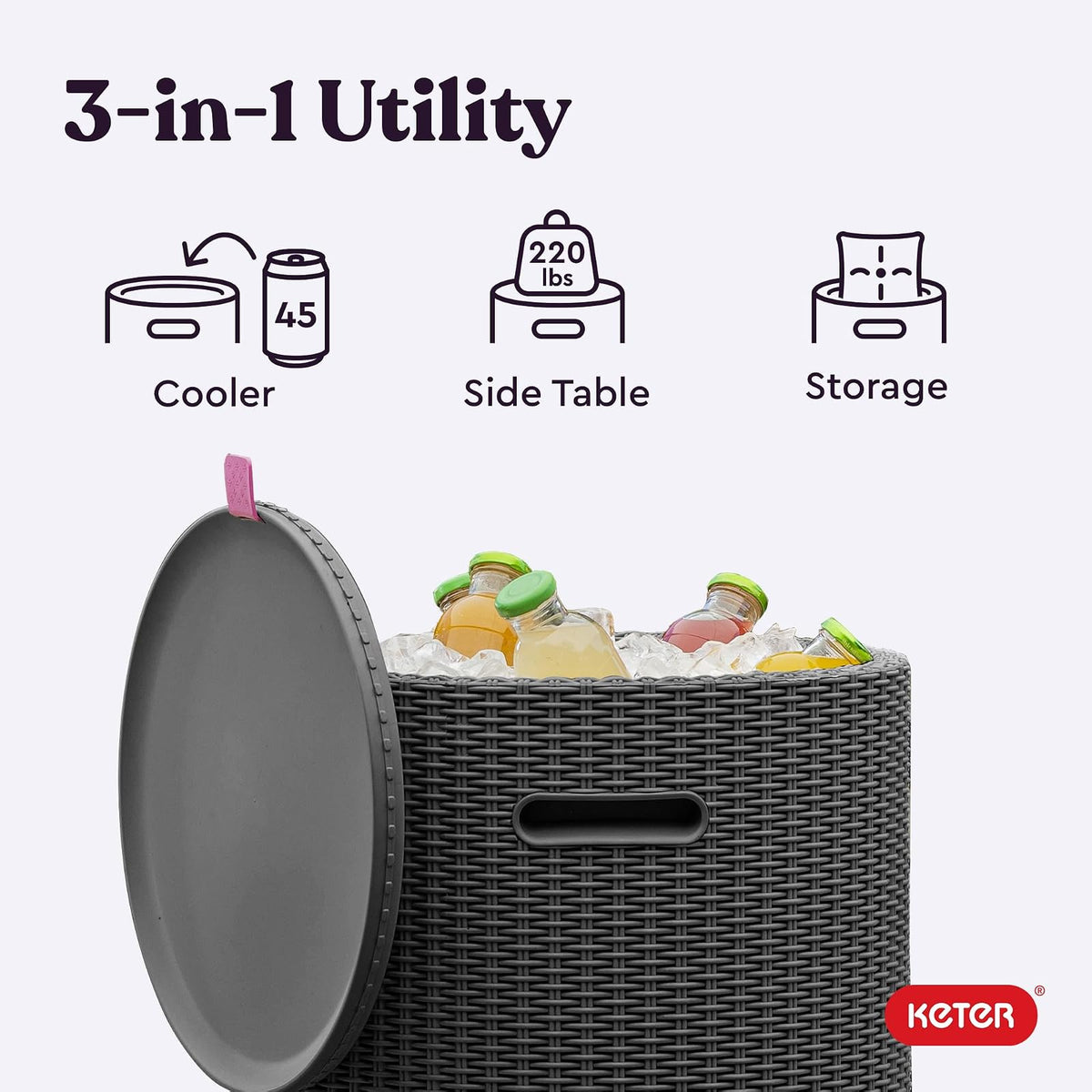 Keter Cool Side Table Cooler 3 in 1 Outdoor Patio Table and Ice Chest Storage, Ideal Hot Tub Table, Decor and Outdoor Patio Bar, Portable Bar