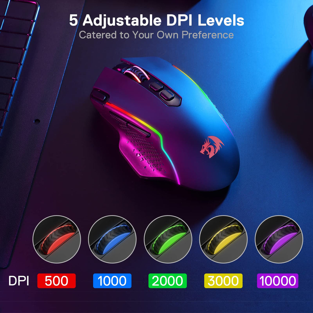 Redragon M810 Pro - Ratón inalámbrico para Juegos, 10000 dpi con Llave de Fuego rápido, 8 Botones Macro, Capacidad de Potencia Duradera de 45 Horas y retroiluminación RGB para PC/Mac/Laptop