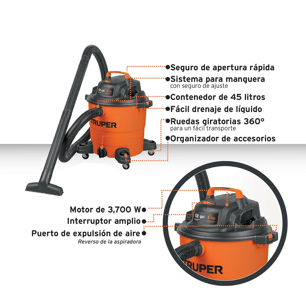 Truper - ASP-12 Aspiradora de sólidos y líquidos de 12 GAL, plástica