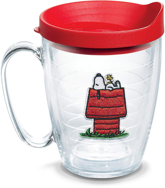 Tervis Peanuts Snoopy Woodstock House - Vaso aislado con emblema y tapa roja, 473 ml, transparente