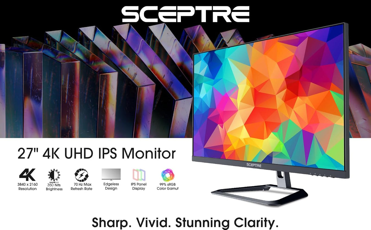 Sceptre 4K IPS 27" 3840 x 2160 UHD Monitor up to 70Hz DisplayPort HDMI 99% sRGB Build-in Speakers, Black 2021 (U275W-UPT)