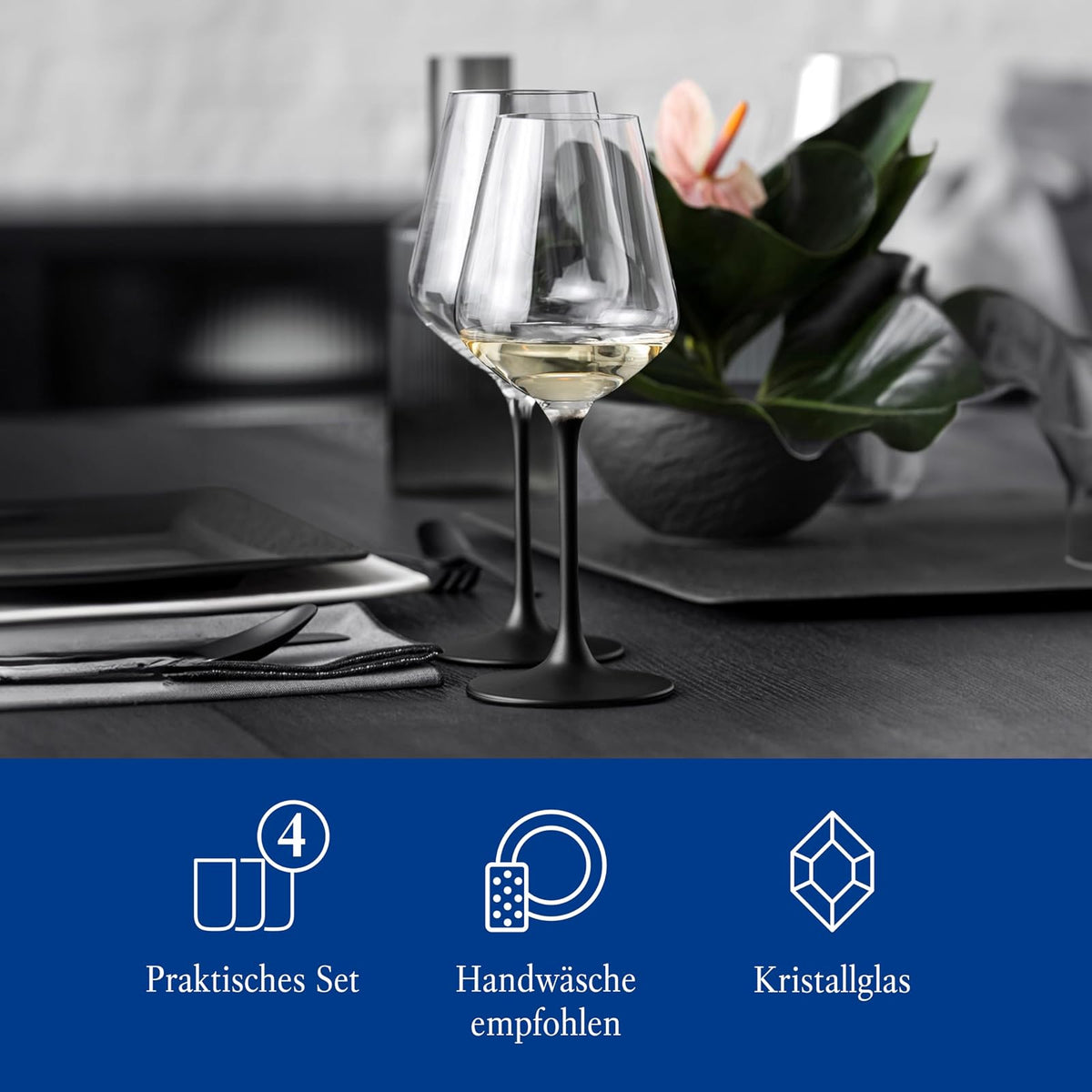 Villeroy & Boch Manufacture Rock - Juego de 4 vinos blancos, vidrio de tallo negro, apto para lavaplatos