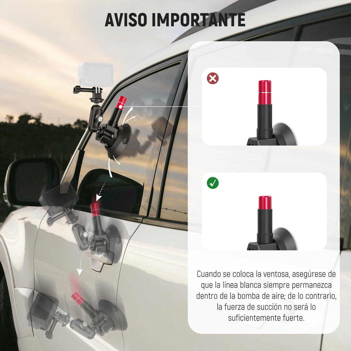 NEEWER - Kit de Montaje para Automóvil con Triple Ventosa, Soporte para cámara de Fibra de Carbono con Adaptador de cámara de acción, riel NATO y Poste de extensión de 60 cm Compatible con GoPro Insta360