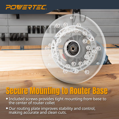 POWERTEC 71381 5-3/4" Universal Trim Router Base Plate | Comes with Installation Screws | Solid 1/4" (6.36mm) Thick Clear Hardened Acrylic | Predrilled Hole Patterns for Easy Install onto Your Router