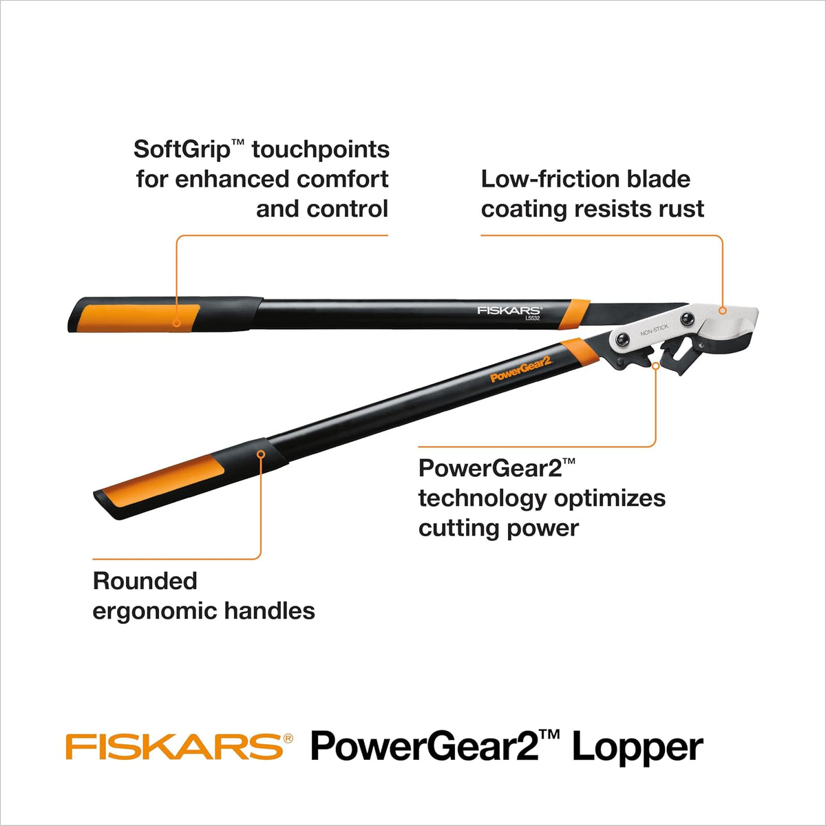 Fiskars - Loppers de 32 pulgadas para recortar árboles, hoja de acero afilada de baja fricción, cortador de ramas de hasta 2 pulgadas de diámetro, tecnología PowerGear2 que multiplica la potencia para