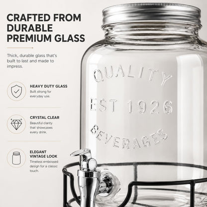 Estilo 1 galón de vidrio Mason Jar doble Bebida Dispensador de bebidas en soporte de metal con Spigot sin fugas