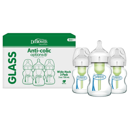 Dr. Brown's Options+ Wide-Neck Glass Baby Bottles, 5 Ounce, 3 Count | Clínicamente probado para reducir los cólicos, botellas de vidrio con pezón de flujo lento de nivel 1, 0 m+, BPA