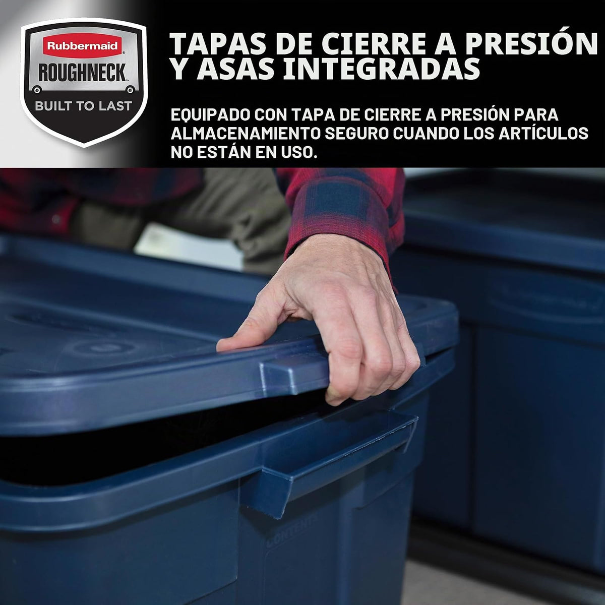 Rubbermaid Roughneck - Bolsa de 31 galones, paquete de 3, fabricado en Estados Unidos, metal índigo oscuro, contenedores de almacenamiento apilables de plástico resistente con tapas y asas