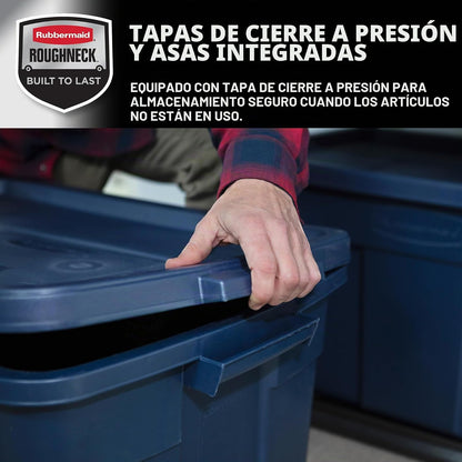Rubbermaid Roughneck - Bolsa de 31 galones, paquete de 3, fabricado en Estados Unidos, metal índigo oscuro, contenedores de almacenamiento apilables de plástico resistente con tapas y asas