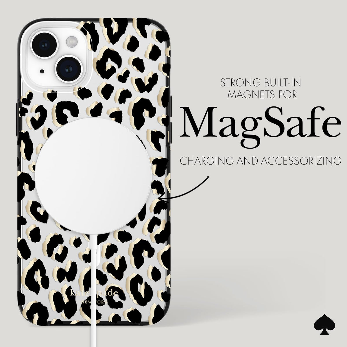Kate Spade New York Funda para iPhone 15 Plus, Compatible con MagSafe - Ciudad Leopardo Negro