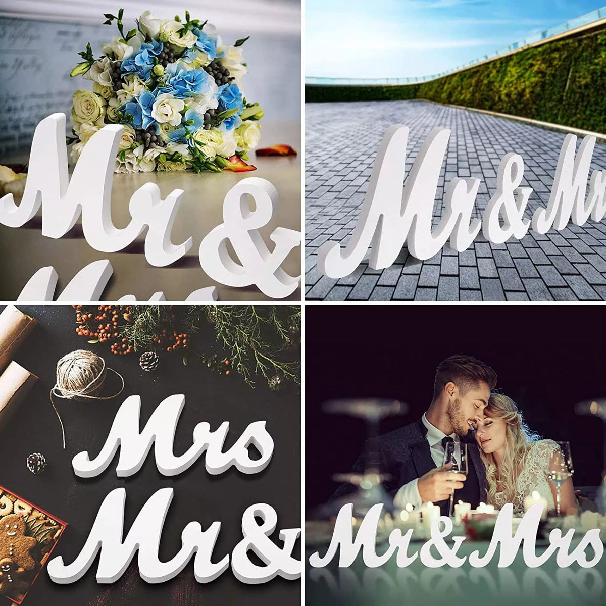 Señal de señor y señora, letrero de madera rústica no empotrado con letras de señor y señora, mesa de boda, accesorios de fotos, mesa de fiesta, decoración de cena superior, regalos de boda, blanco