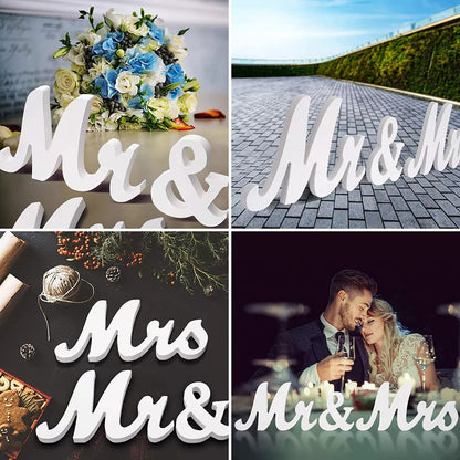Señal de señor y señora, letrero de madera rústica no empotrado con letras de señor y señora, mesa de boda, accesorios de fotos, mesa de fiesta, decoración de cena superior, regalos de boda, blanco
