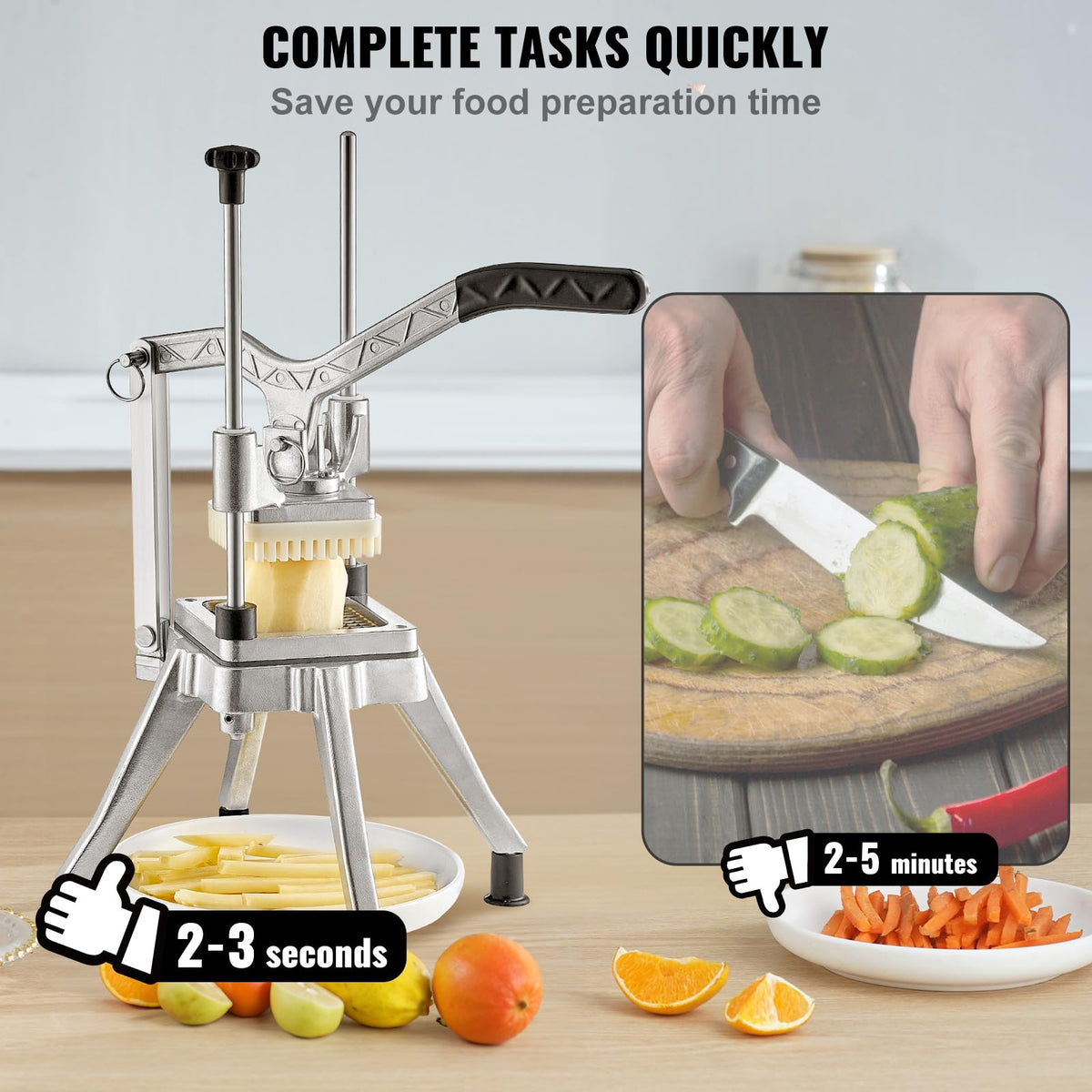 VEVOR - Picador comercial de verduras con 4 cuchillas de repuesto, cortador de patatas francesas de acero inoxidable y cortador de frutas para restaurantes y cocina casera