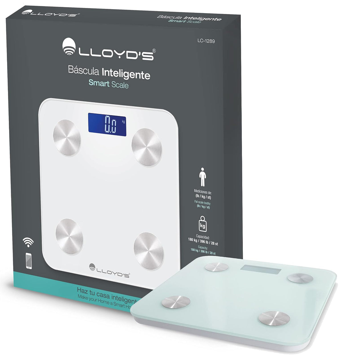 Lloyd's Báscula Digital Corporal Inteligente WiFi Vidrio Templado 6mm | 4 Sensores de Precisión, Capacidad 180kg / 396lb / 28st, Pantalla LCD