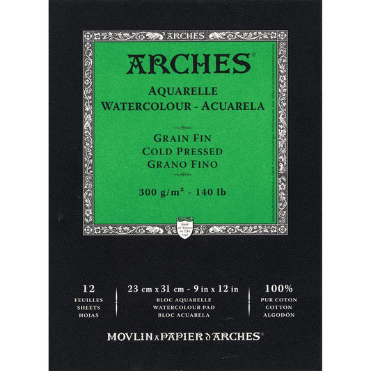 Arches - Almohadilla de Acuarela, Prensa fría, 9 x 12 Pulgadas, 12 Hojas - Papel de Arte Profesional para Acuarela, Tinta de Gouache, acrílico