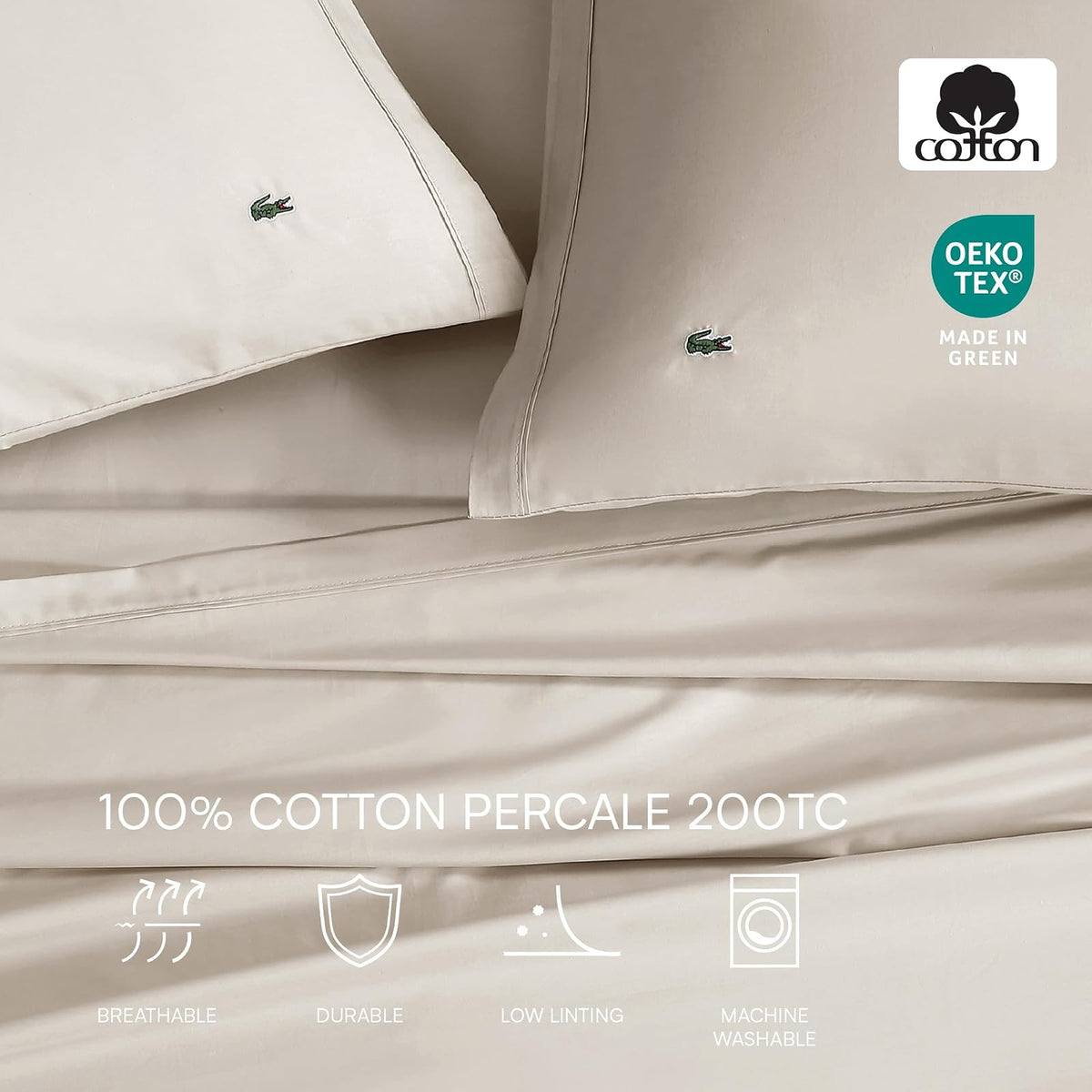 Lacoste - Juego de sábanas de percal 100% algodón, 4 Piezas, Fresco, crujiente, Mate y Duradero, Certificado Oeko-Tex, sólido, Piedra pómez, tamaño Queen