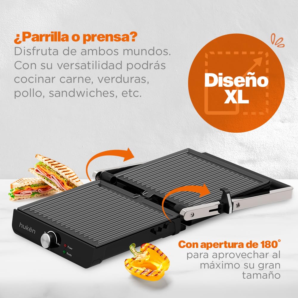 Hukën x MasterChef | Parrilla Eléctrica Multifuncional XL GRILL PRO | Apertura 180° | Perilla de Temperatura | Parrillas Antiadherentes | Bandeja de Goteo | Diseño Acero Inoxidable