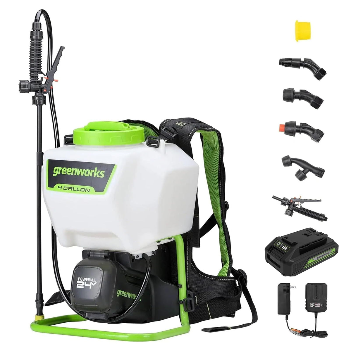 Greenworks Pulverizador de Mochila Premium PA891K 24 V, 4 galones, Kit de pulverizador de Mochila Alimentado por batería para desmalezar, rociar, Limpiar.