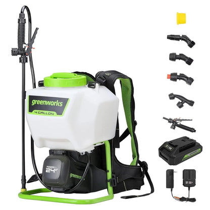 Greenworks Pulverizador de Mochila Premium PA891K 24 V, 4 galones, Kit de pulverizador de Mochila Alimentado por batería para desmalezar, rociar, Limpiar.