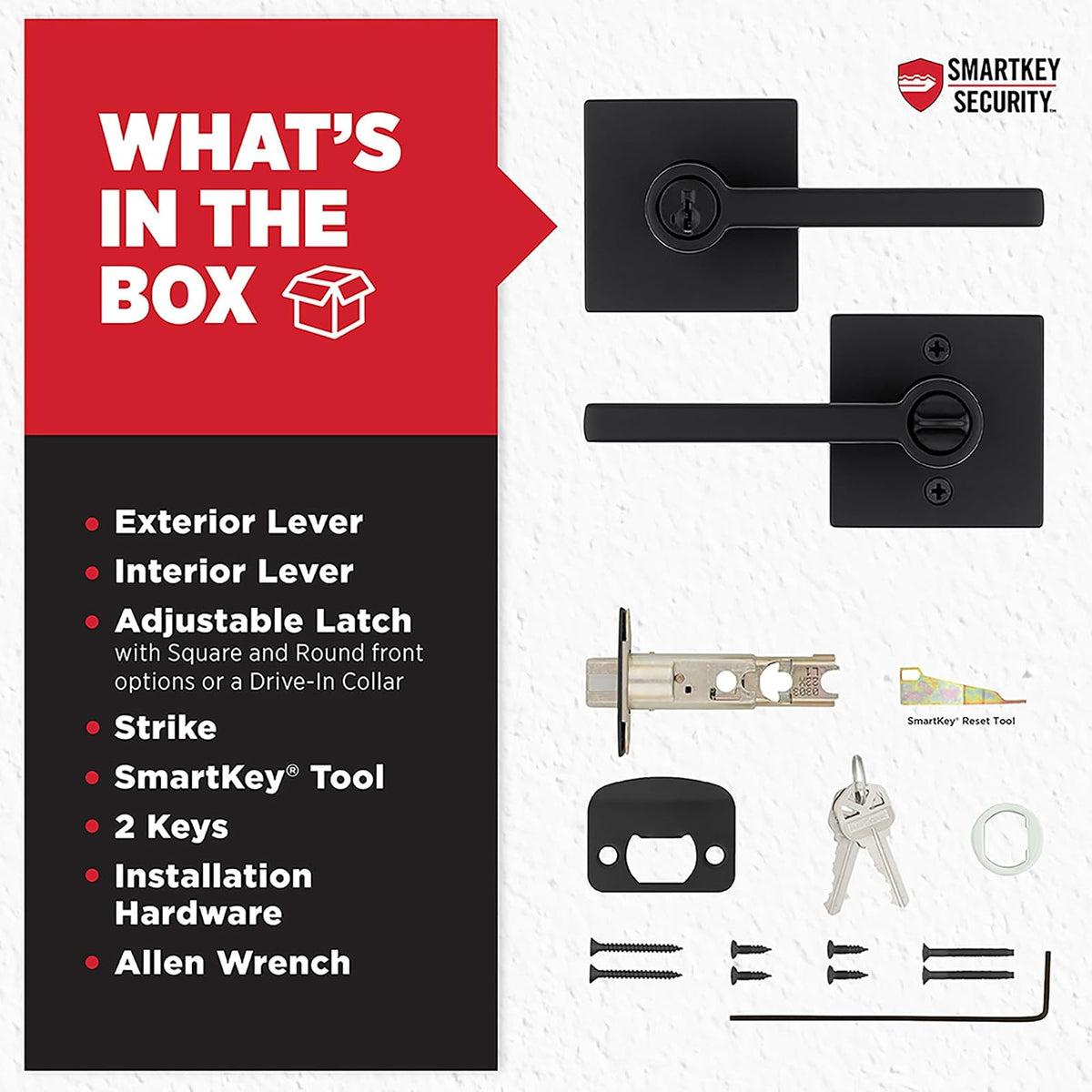 Kwikset Halifax - Manija de puerta de entrada con cerradura y llave, palanca reversible con llave segura, exterior, para entrada frontal y dormitorios, negro mate, resistente a las púas Smartkey Rekey