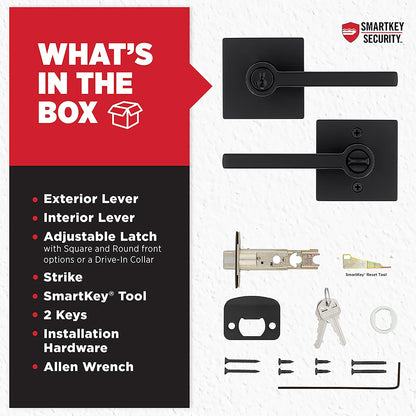 Kwikset Halifax - Manija de puerta de entrada con cerradura y llave, palanca reversible con llave segura, exterior, para entrada frontal y dormitorios, negro mate, resistente a las púas Smartkey Rekey