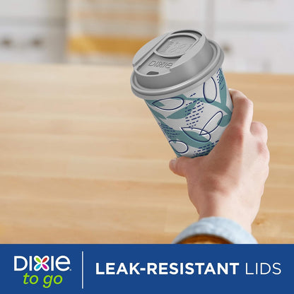 Dixie To Go - Tazas de bebidas calientes y tapas deslizantes, 16 onzas, 108 unidades, diseños surtidos, tazas de café de papel desechables y tapas deslizantes (6 paquetes de 18 tazas y tapas)