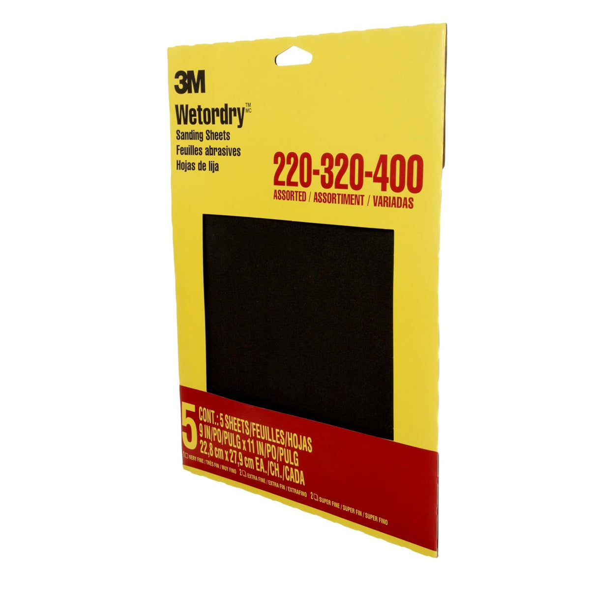 3M Wetordry - Papel de lija 5 hojas, 9 x 11 pulgadas, grano surtido (220/320 / 400), uso para lijar en húmedo y seco, para lijar entre capas de barniz, laca, pintura y otros acabados (9088DC-NA)