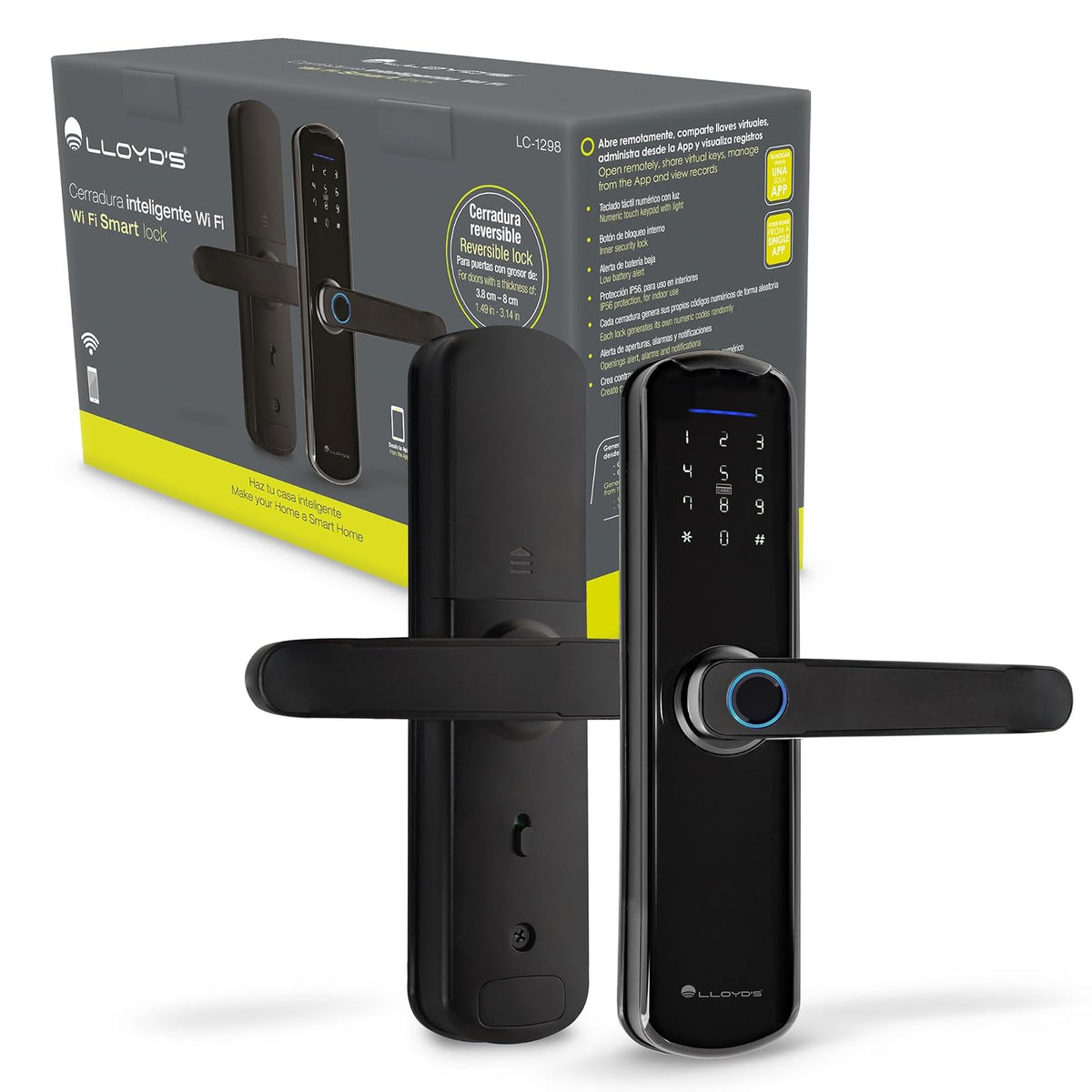 Lloyd's LC-1298 - Cerradura Inteligente Wifi, Para Puertas con Grosor de 3.8 cm - 8 cm, 5 Métodos de Apertura, Teclado con Luz, Negro