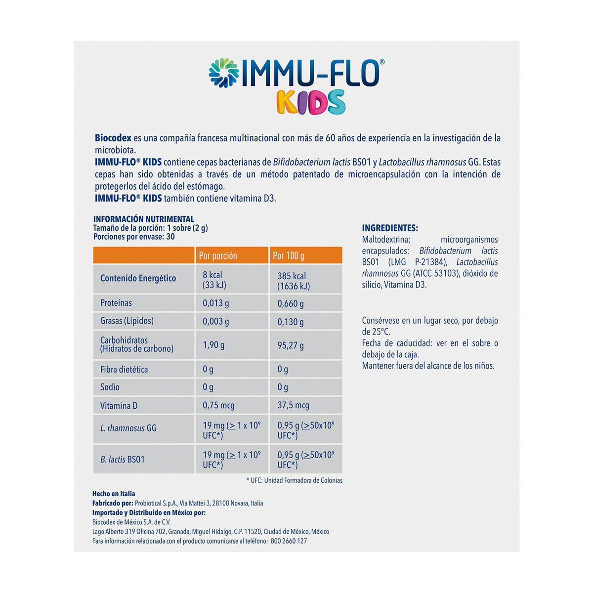 IMMU-FLO® KIDS Suplemento Alimenticio a base de L. rhamnosus GG, B. lactis BS01 + Vitamina D3 regulador del sistema inmune y ayuda a previenir alergias