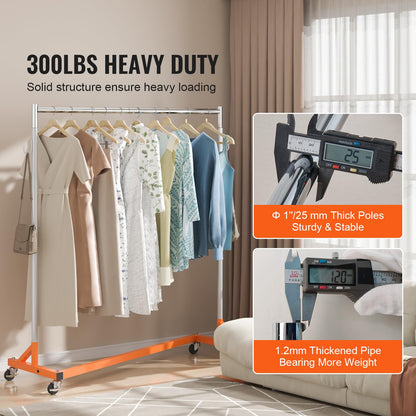VEVOR Perchero Burro para Ropa en Z 60 x 159 x 180 cm Perchero Resistente con 4 Ruedas, Acero Inoxidable, Capacidad de 80 kg, Perchero Comercial con Base en Forma de Z con 2 Ganchos, Color Naranja