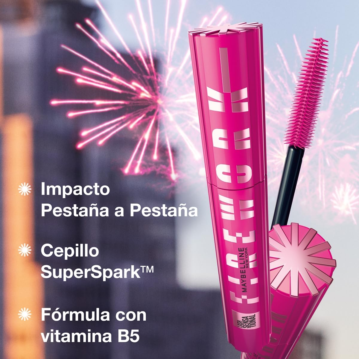 Maybelline New York Lash Sensational Firework, Máscara de Pestañas Lavable con Provitamina B5, Libre de Grumos, Efecto Chispeante 360°, Tono Negro, 8.75 ml