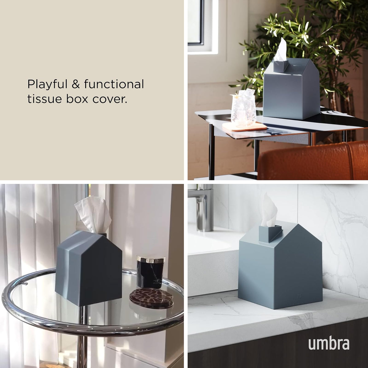 Umbra Caja de pañuelos Decorativa – Dispensador de pañuelos Moderno y Decorativo para baño, Oficina, Dormitorio y más, Color Azul Pizarra, 13 x 13 x 17 cm